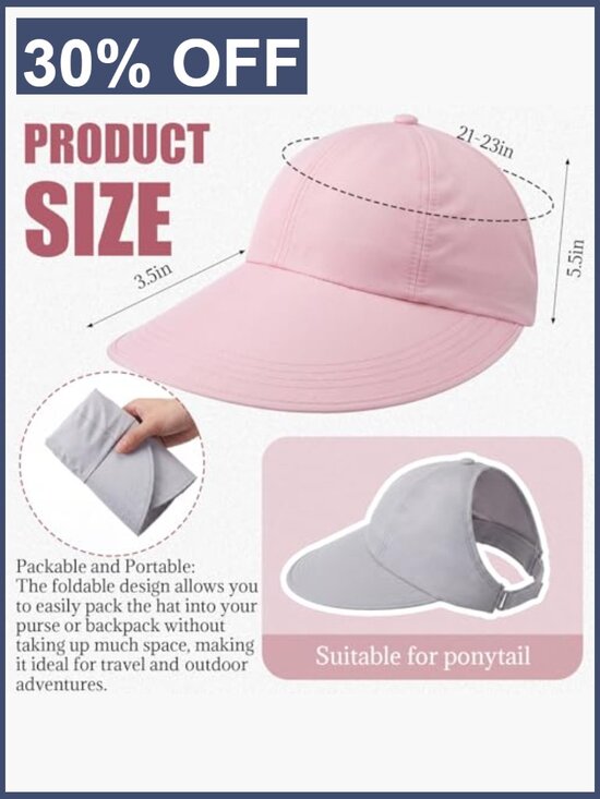 2 Pack Wide Brim Sun Visors with Ponytail Hole UPF50+ Packable main image 4